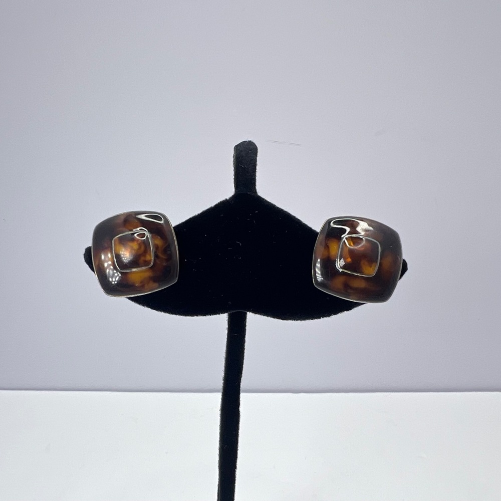 Vintage Tortoise Shell Clip On Earrings 80s Shoe Clips Square Retro Mod Chic MCM - Picture 5 of 10